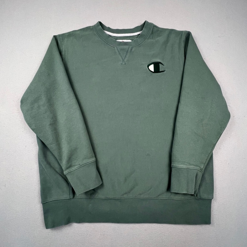 Champion Sweatshirt Men XXL Green Reverse Weave Big Logo Crewneck Pullover Sport